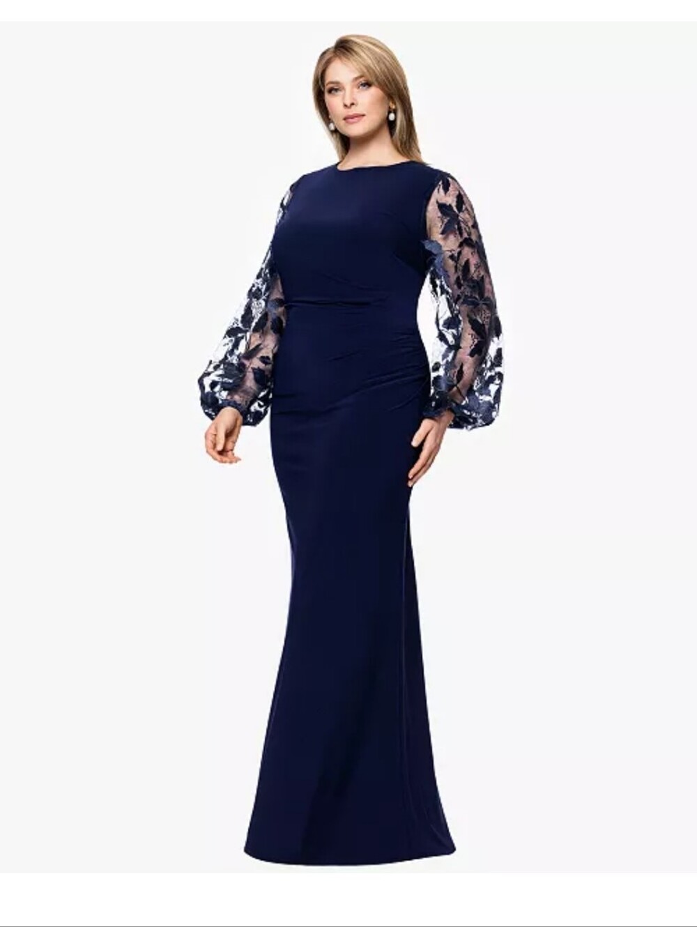 Betsy & Adam NWT $259 Size 14W Navy Blue Lace Sleeve Ruched Formal Maxi Dress